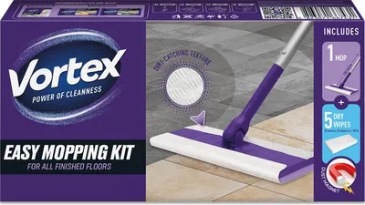 Produktbild von Flachmop + 5x trockene Bodenwischtücher, Set, VORTEX KITMSFC8VOR