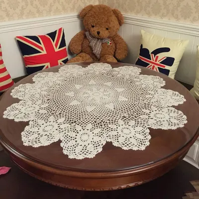 Rundes gehäkeltes Baumwoll-Tischdeckchen, beige, 80 cm