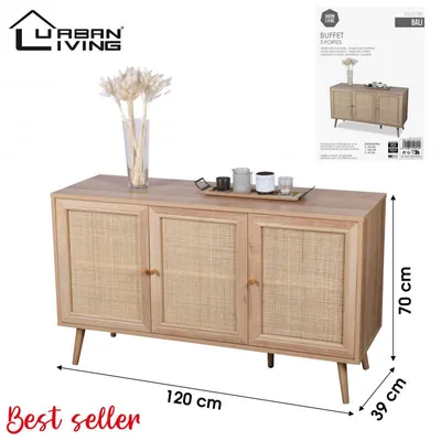 Image de Buffet BALI sur pieds 3 portes - Cannage rotin - Effet bois clair - 120 x 39 x H 70cm