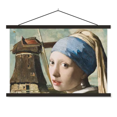 Produktbild von MuchoWow® Textilposter Das Mädchen mit dem Perlenohrring - Mühle - Vermeer 90x60 cm mit schwarzem Rahmen - Aufhängungssatz