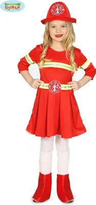 A young girl dressed in a firefighter costume, posing for a product image.