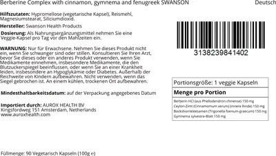 Immagine prodotto di Complesso di berberina con cannella, gymnema e fieno greco 90 capsule vegetali Swanson Health Products