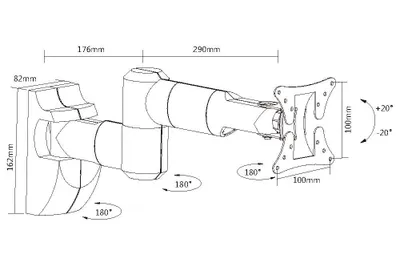 A technical drawing of a wall mount for a TV, showing dimensions and articulation points.