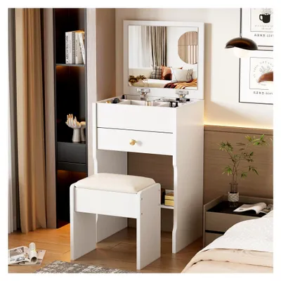 Produktbild von 3-in-1 Schminktisch Klein, Frisiertisch mit aufklappbarem Spiegel und Hocker, Kosmetiktisch für das Schlafzimmer, 37,5 * 40 * 109 cm, Weiß