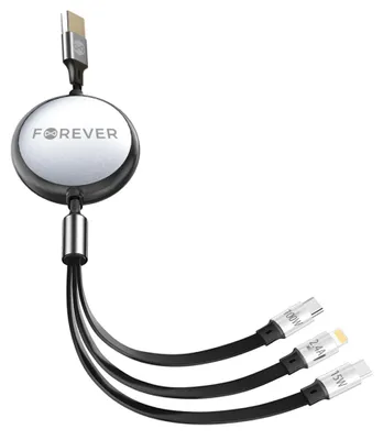 Image de Câble rétractable Forever 3 en 1 USB/2xUSB-C, Lightning, 1,2 m, 100 W, noir