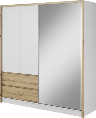 Produktbild von Furniture24 Kleiderschrank SARA 200 cm Schrank 2 Drehtüren 1 Schiebetür Weiß/Artisan Eiche