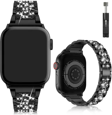 Produktbild von FFO2World Bling Armband kompatibel mit iWatch 42/44/45/46/49mm - Schwarz - Schmuck Ersatzarmband mit Diamanten, Metallband verstellbar