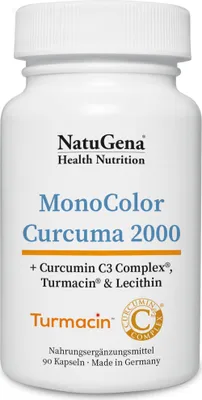 Produktbild von NatuGena MonoColor Curcuma 2000, Kapsel, Kurkuma, Topf, Erwachsener, 90 Stück(e), -Curcuma-Pulver, Curcumin C3 Complex®¹ (66:1), Kapselhülle: Hydroxypropylmethylcellulose,...