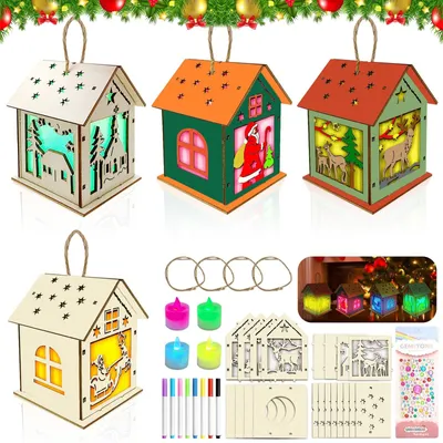 Imagen del producto de 4 unidades. Kit de manualidades navideñas para el hogar. Kit de construcción de madera con temática navideña. Sets creativos con cuerda para colgar. Decoración navideña. Kit para construir una casa navideña. Manualidades para niños con luces LED