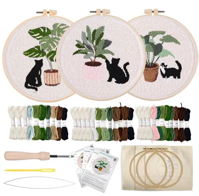 Punch Needle Set Katze & Pflanze, Komplettes Starter-Set für Anfänger
