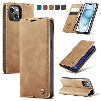 Immagine prodotto di Custodia per iPhone 15 Plus, Custodia retrò in Finto cuoio con funzione di supporto Marrone
