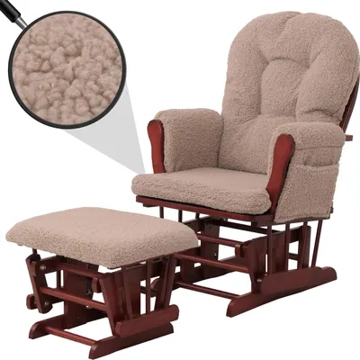 A brown upholstered glider chair and ottoman with a close-up inset showing the fabric texture.