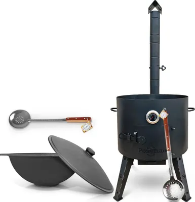 Produktbild von Feuerofen 49 cm 2 mm Stahl Utschak Uchag mit Usbekische Kazan 22 L Schaumlöffel