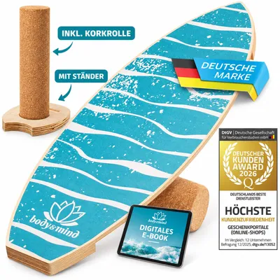 Produktbild von Body & Mind Surf Balance Board Light Waves Komplett-Set inkl. Korkrolle, Ständer & E-Book – Gleichgewichtstrainer für Fitness & Core-Training
