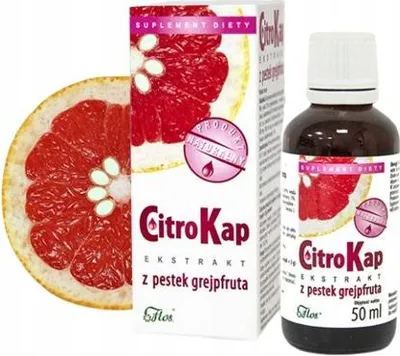 A product shot of a bottle and its box, with a grapefruit slice.