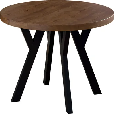 A round dining table with a wooden top and black metal legs, isolated on a white background.