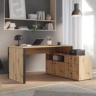 Produktbild von Forte TEMPRA 2 Schreibtisch 120, moderner Schreibtisch in L-Form mit Regal, 2 Türen, 3 Schubladen, Holzwerkstoff, Artisan Eiche Holzdekor/Schwarz, 120,6 cm breit x 74,9 cm hoch x 151,4 cm tief