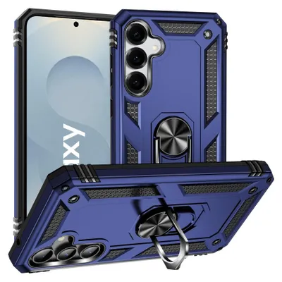 A blue phone case with a ring holder is shown from multiple angles.