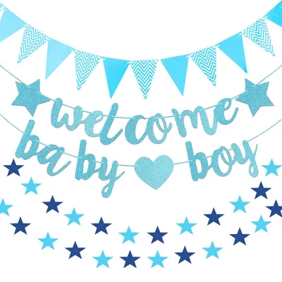 Willkommensdeko für Jungen: Banner, Wimpelkette & Sterngirlande (blau)