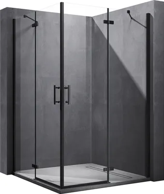A modern black framed glass shower enclosure with a corner entrance.