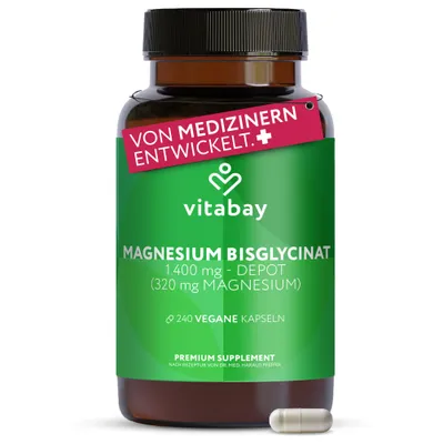 Produktbild von Vitabay Magnesium Bisglycinat 1400 mg Depot – 240 vegane Kapseln – 120 Tage