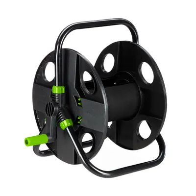 Image de Relaxdays Dévidoir de tuyau, pour 30 m de tuyau 1/2", acier, plastique, support de tuyau, HBT : 38 x 42 x 31 cm, noir/vert