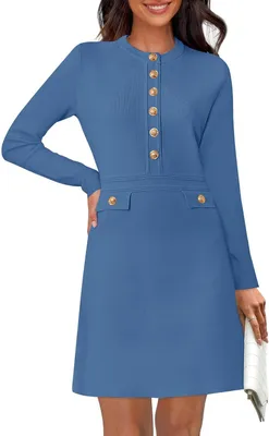 Productafbeelding van Dames, mini-jurk, elegant, lange mouwen, vintage, blauw, maat M