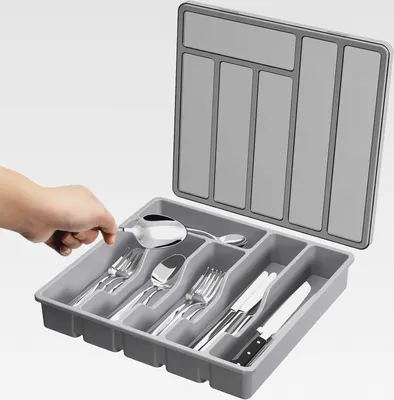 Produktbild von Besteck Organizer Besteck Tablett Mit Deckel, Schubladen Utensilien Aufbewahrungstablett, 6 Fächer, Abgedeckter Besteck Und Besteckkasten