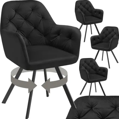 A collage of black velvet armchairs with a tufted design, showing different angles and a close-up of the fabric.