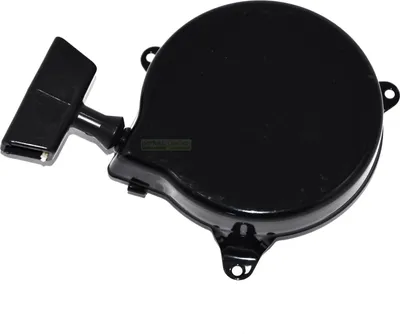 A black starter pull cord assembly for a lawnmower.