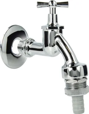 Produktbild von tecuro Auslaufventil 1/2 Zoll, Knebeloberteil, Rohrbelüfter DVGW, Schlauchtülle, Wandrosette - Messing hochglanzverchromt