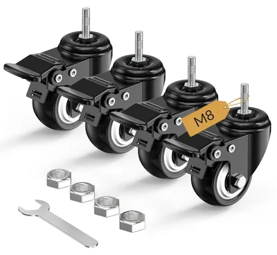 Image de Roulettes de transport de 50 mm, lot de 4, avec axe M8 x 25 mm, roulettes pivotantes noires avec frein, pour meubles