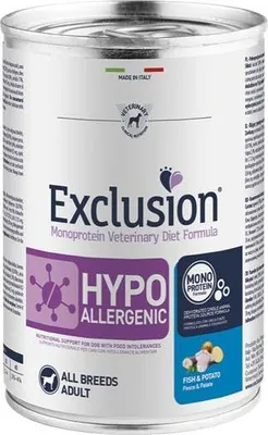 A can of dog food with a label detailing its ingredients and benefits.