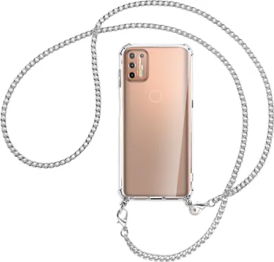 Produktbild von Handykette Backcover-Schutzhülle mit Band (Metall silberfarben) für Motorola Moto G9 Plus - silberfarbene Kette