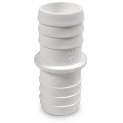 A white plastic hose connector with ribbed ends and a flange in the middle, shown against a white background.