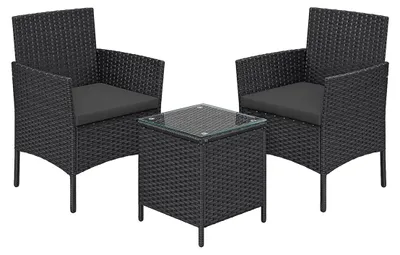 Immagine prodotto di Set di mobili da giardino in polirattan, colore grigio, struttura in metallo, piano in vetro temperato, cuscini VFT