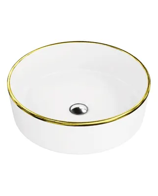 A white ceramic sink with a gold rim sits on a white background.