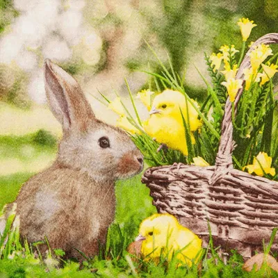Produktbild von 20 Servietten Rabbit and Chicks - Hase mit Küken am Korb 33x33cm