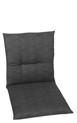 A dark gray chair cushion is shown against a white background.