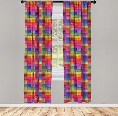 Immagine prodotto di ABAKUHAUS Tende astratte, tende, arcobaleno Motivi geometrici colorati a forma di quadrato Disegno ad acquerello, 2 pezzi 75 x 175 cm, multicolore