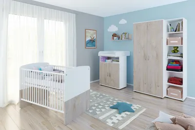Produktbild von nonjoo - Baby Zimmer Hanna Set 5: best. aus Babybett, Kommode, Wickelaufsatz, Wandboard, Regal mit 6 Fächern und Kleiderschrank 2-trg.