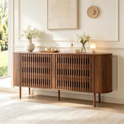 Produktbild von okwish Kommode mit Metallbeinen, Hohl-Lamellen Design, Sideboard mit 6 Schubladen,Viel Stauraum,Nussbaum