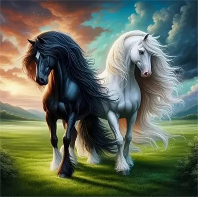 Productafbeelding van Diamantmozaïek: Twee Majestueuze Paarden, 30x40 cm. Creatieve diamanten