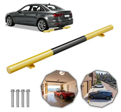 Productafbeelding van UISEBRT garage-wielblok van staal, 180x13,5x9,5 cm, geel-zwart, beschermt de bumper en de garagewand, inclusief voorgeboorde gaten en bevestigingsmaterialen