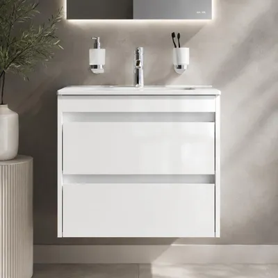 Produktbild von AM.PM Badmöbel Set Badezimmerschrank Hängender Waschbecken mit Unterschrank mit Soft Close, wandhängend, mit 2 Schubladen, Farbe Weiß, als Flachpaket