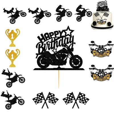 Productafbeelding van Motordecoratieset voor taart - 13-delig - Decoraties voor taart en cupcakes - Zwart