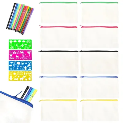 Produktbild von Set mit 26 leeren Stoffmäppchen, Stiftehaltern zum Malen, mit Buntstiften und Zeichenschablonen, zum Basteln, für Kindergeburtstage, mit Reißverschluss, 12 × 21 cm, beige