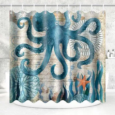 Produktbild von Polyesterduschschutz, 180 x 200 cm, schimmelbestendig, wasbar, wasserfest, oktopusmotiv, mit 12 C-Haken für Badezimmer, Badewanne, Familienhotel