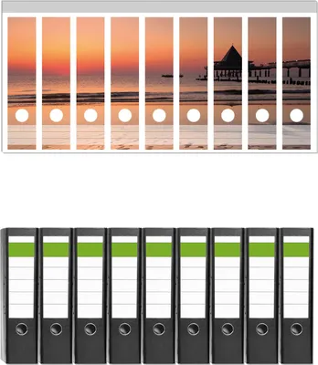 Produktbild von Wallario 9 Stück breite Ordner inkl. Klebeetiketten mit Motive Strand am Abend - Seebrücke am Ostseebad Heringsdorf -  Set mit Rückenschildern / Ordnerrücken Stickern