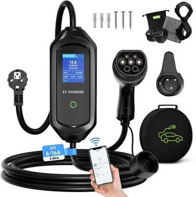 Obrázek produktu pro Nabíjecí kabel typu 2, délka 6 metrů, výkon 3,6 kW, nastavitelný proud 6/8/10/13/16A, včetně tašky